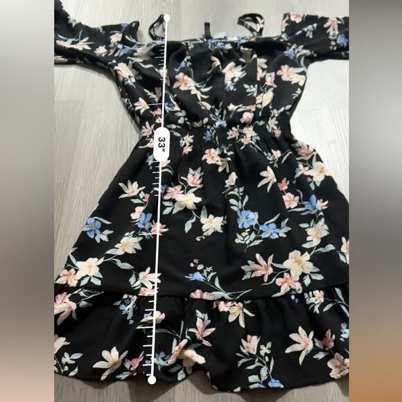 H&M Divided Black Multicolor Floral Cold Shoulder Long Bell Sleeve Mini Dress 4 - Picture 8 of 8